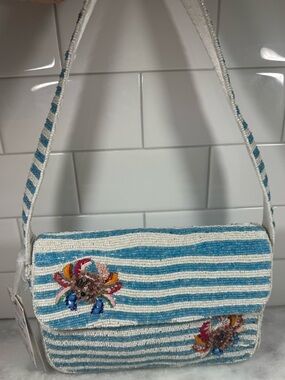 BRAND NEW RELEASE Made In India Viral Beaded Blue White Striped Crab Bag NWT